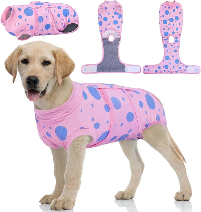 Dog Surgery Suit, Soft Dog Spay Recovery Suit Female, Anti Licking Neuter Recovery Suit for Male Dogs, Post-Op Pet Surgical Suit Protective Wear E-Collar & Cone Alternative,Pink Polka Dots L