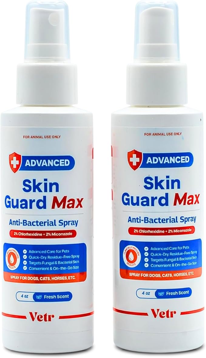 Skin Guard Max Chlorhexidine Miconazole Spray, Dogs Cats Horses, 2pk | Set of two 4 oz bottles / Dual-action 2% / 2% formula; Soothes dry, irritated skin; Cleanses skin & coat