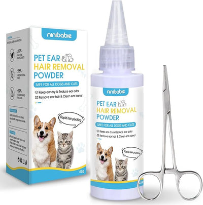 Dog Ear Powder for Hair Removal Kit – 42g Ear Powder for Dogs with 4.8" Straight Grooming Tweezers, Helps Remove Excess Ear Hair & Reduce Odor for Poodles, Schnauzers & Other Breeds