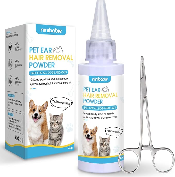 Dog Ear Powder for Hair Removal Kit – 42g Ear Powder for Dogs with 4.8" Straight Grooming Tweezers, Helps Remove Excess Ear Hair & Reduce Odor for Poodles, Schnauzers & Other Breeds