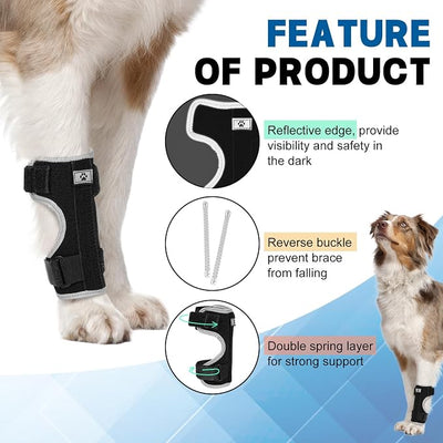 Dog Front Leg Brace with Removable Metal Springs- Adjustable Reflective Ankle Wrap for Dogs, Anti-Slip Reverse-Buckle Design Dog Splint Front Leg for Arthritis, Sprains, Injury Recovery (Black, L)