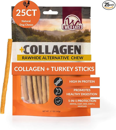 Wild Eats Turkey Collagen Sticks for Dogs (25 Pack, 0.6 cm Wide) Long Lasting Dog Chews No Hide Dog Treat Bully Stick Alternative, Rawhide Free, Grain Free, High Protein