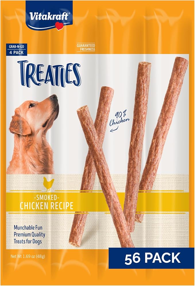 Treaties Dog Chew Treats - Made with 90% Chicken - Soft Jerky Treats - No Rawhide Chews - 56 Sticks (4 Count, Pack of 14)