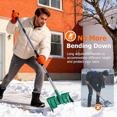 64" Long Handle Snow Shovel, Heavy Duty Metal Snow Shoveling Tool with 16" Wide Blade, 32mm Wide Ergonomic Handle & Anti-Freeze Foam for Snow Removal from Driveway & Car, Mulch, Soil, Grain and Seed