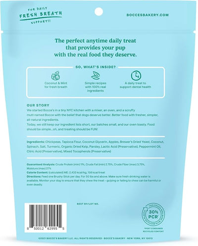 Bocce's Bakery Dailies Brushy Sticks to Support Oral Health & Fresh Breath, Wheat-Free Dental Bars for Dogs, Made with Real Ingredients, Baked in the USA, Natural Coconut & Mint Recipe, Large Dogs