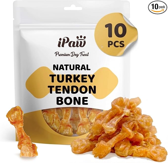 iPaw 10 Pcs Value Pack Turkey Tendon for Dogs, Single Protein, Hypoallergenic, All Natural Human Grade Puppy Chew, Rawhide Alternative, Bone Shape (Small)