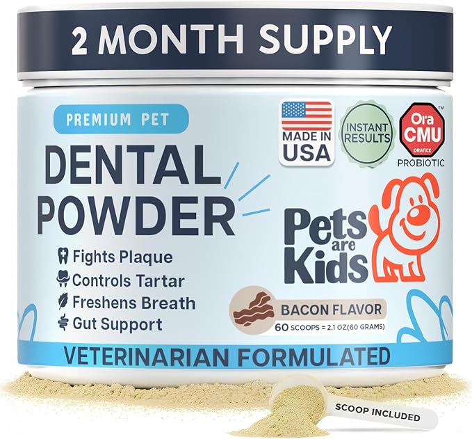 Dog Dental Powder | Premium Breath Freshener with OraCMU™ Probiotic for Gut Support | Easy-to-Mix Dog Teeth Cleaning Powder | Fights Bad Breath, Tartar & Plaque | Bacon Flavor, 60 Scoops