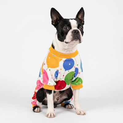 Fitwarm Balloon Dog Fleece Pajamas, Birthday Outfit for Small Dogs Boy Girl, Cozy Pet Onesie with Feet, White, Yellow, Red, Blue, Green, Small