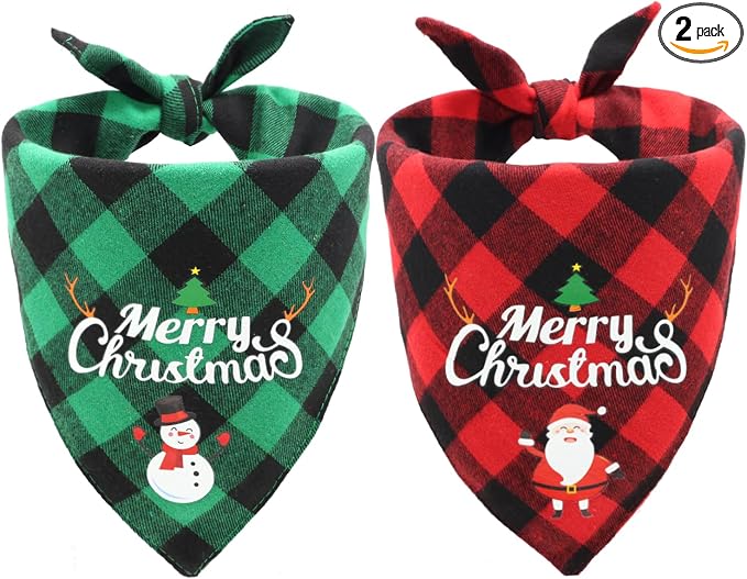 Christmas Dog Bandanas Classic Plaid Triangle Holiday Scarf with Santa and Snowman Print,Winter Pet Outfit for Boy and Girl Dogs,Red Green Plaid Dog Costume for Medium to Large Dogs