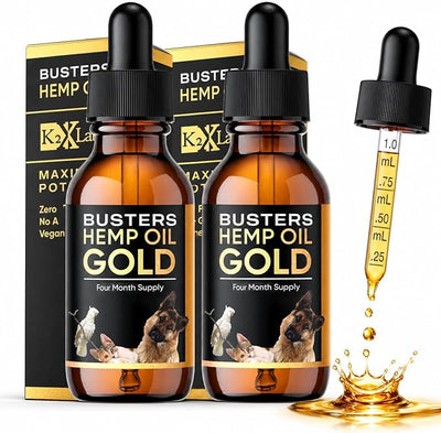 Buster's Gold Organic Hemp Oil for Dogs and Cats, 2 Large 60ml Bottles 4 Month Supply, Made in USA - Miracle Formula, Perfectly Balanced Omega 3, 6, 9 - Joint Relief, Calming (2-Pack)