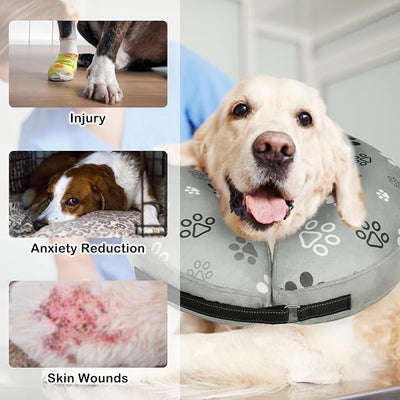 SCENEREAL Dog Cone Alternative After Surgery Donut Collar, Soft Pet Recovery Pillow Collar for Medium Large Dogs, Inflatable Adjustable Neck Collars to Prevent Licking, Grey Footprints M