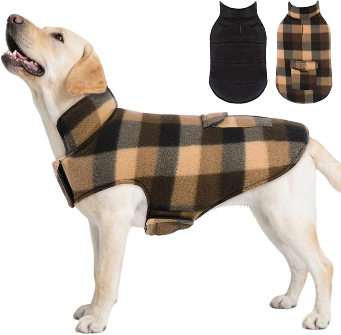 Dog Winter Jacket Plaid Reversible Vest, Waterproof Dog Coat for Cold Weather, Perfect for Small to Large Dogs (Coffee, 3XL)