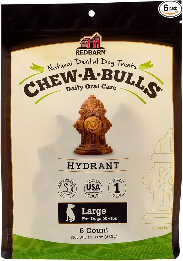 Chew-A-Bulls, 6 Pack – Large Hydrant Shape Dog Dental Treats – Daily Oral Care with Fun Ridges & Grooves, All Natural Ingredients, Highly Digestible Chews & Low in Fat