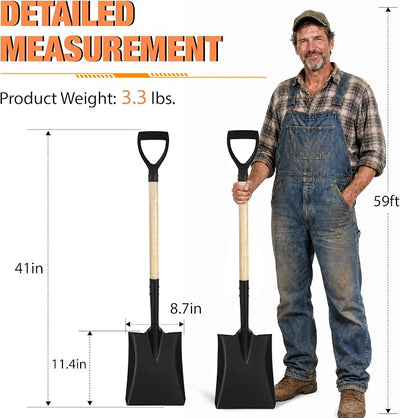 41-Inch Square Spade Shovel, Wooden Handle with D-Grip & Heavy Duty Alloy Steel Flat Head Transfer Shovel, Ideal for Landscaping, Digging, Soil Moving, Cleanup Job & Yard Projects