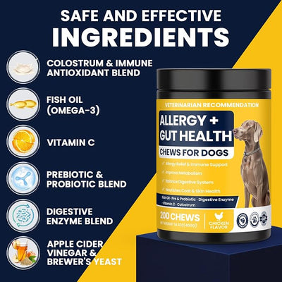 Dog Allergy Chews 200ct, Itch Relief for Dogs Anti Itch Aller Supplements Immune Chews Dog Allergies Gut Health Probiotics for Paws Itching and Licking Relief Bites for Dogs with Quercetin, Colostrum