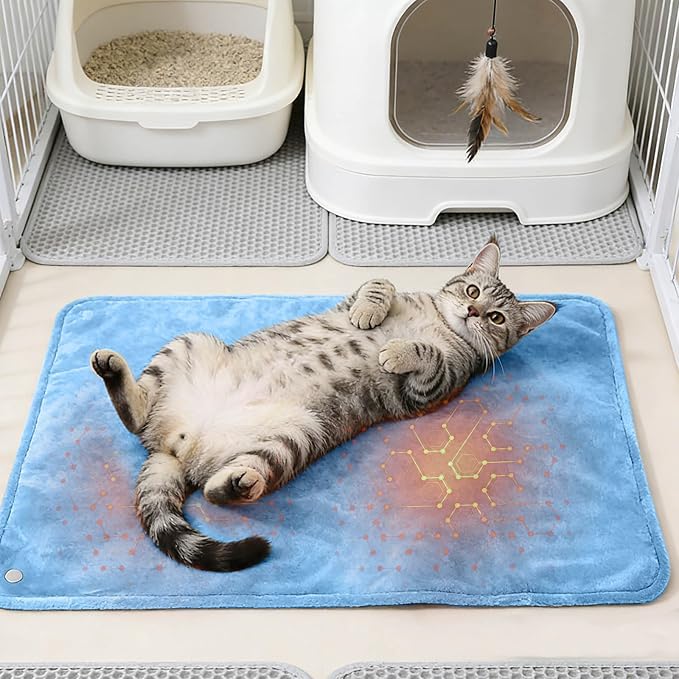 USB Powered Cat Heating Pad, Portable Adjustable Heated Cat Bed, Rechargeable Pet Blanket for Indoor Cats, Dog, Small Animals, Elderly Pets, Home, Car, Travel, Winter Cold Weather Comfort (Blue)