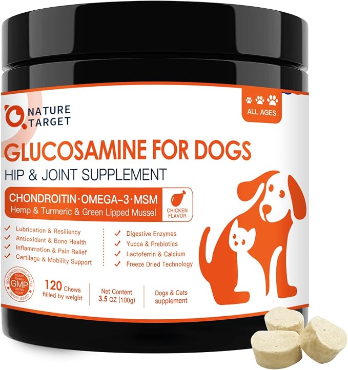 Glucosamine for Dogs, Hip and Joint Supplement, 120 Bites | Freeze-Dried Crunchy Chews, Chicken Flavored Mobility Treats, Chondroitin, MSM, Omega-3, Ideal for Senior, Large & Active Dog