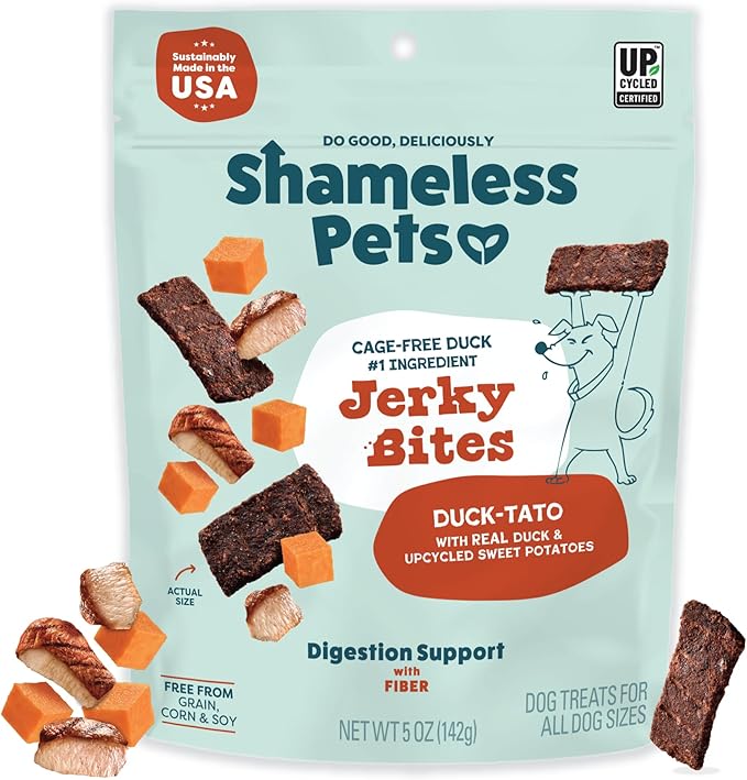 Jerky Bites Treats, Duck-Tato - Healthy Dog Chews for Digestion Support with Fiber - Dog Treats with Real Cage-Free Duck - Free from Grain, Corn & Soy - 1-Pack
