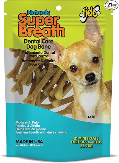 Fido Super Breath Dental Care Bones for Dogs, Mini - 21 Count - Fresh Breath Dog Dental Treats for Small Dogs - Plaque & Tartar Control - Made in USA