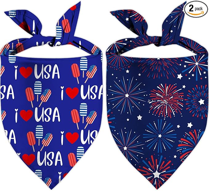 4th of July Dog Bandanas, Patriotic Holiday Party Pet Decorations 2 Pack, Adjustable Independence Day Bandana American Flag Triangle Bibs Cat Scarf Set