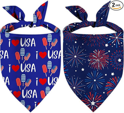 4th of July Dog Bandanas, Patriotic Holiday Party Pet Decorations 2 Pack, Adjustable Independence Day Bandana American Flag Triangle Bibs Cat Scarf Set