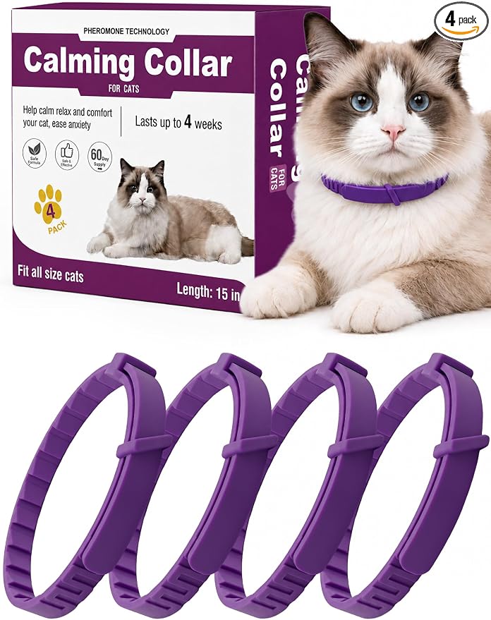 Calming Collar for Cats, 4 Pack – Waterproof Cat Calming Collars for Anxiety Relief and Stress, Breakaway Adjustable Pheromone Collar for Cats, Small Pet Dog & Puppy (Purple, Small)