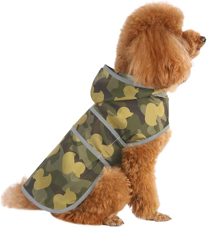 Dog Raincoat for Small Dogs Puppies Waterproof Jacket Hooded Rain Coats with Reflective Strips Leash Hole & Poncho Adjustable Fit (CamoDuck,S)