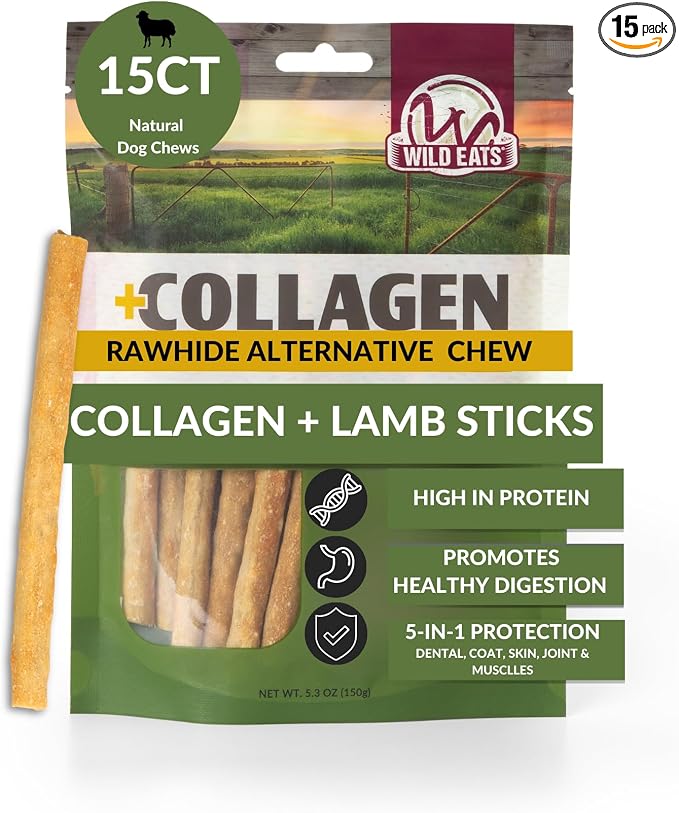 Lamb Collagen Sticks for Dogs (15 Pack, 1 cm Wide) Long Lasting Dog Chews No Hide Dog Treat Bully Stick Alternative, Rawhide Free, Grain Free, High Protein