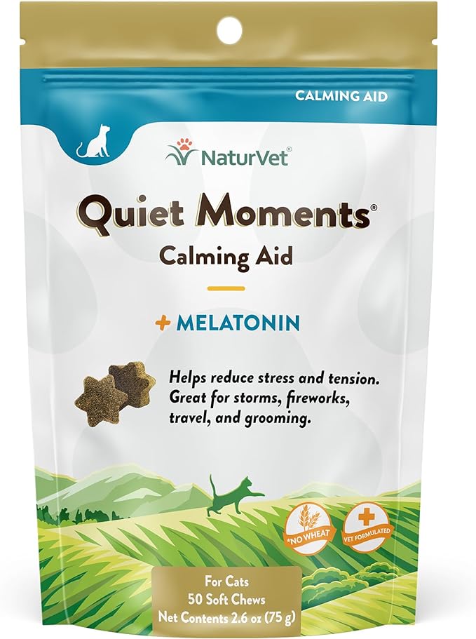 Quiet Moments Calming Aid Cat Supplement Plus Melatonin – Helps Reduce Stress in Cats – for Pet Storm Anxiety, Motion Sickness, Grooming, Separation, Travel – 50 Ct. Soft Chews