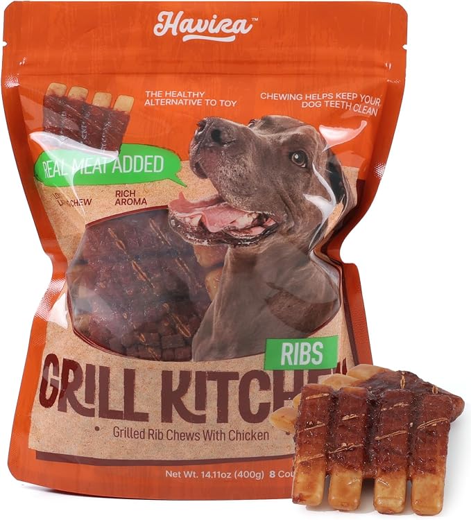 BBQ Dog Treats Spareribs 8 Count, Grill-Shaped Rawhide Free Dog Chews Bone, Easily Digestible, for All Life Stages