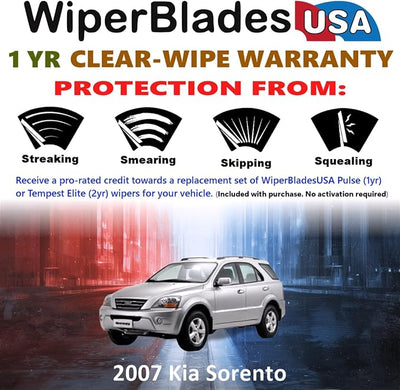 WiperBladesUSA Wiper Blades Set w/ 1yr warranty compatible with Kia Sorento 2007 Wipers (Set of 2) Pulse Wipers