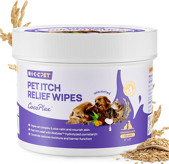 Itch Relief Wipes for Dogs & Cats, Rapidly Relieves Itching, Soothes Hot Spots and Skin Irritations, Hypoallergenic Hot Spot Treatment Cleaning Wipes, Alleviate Dry Itchy Skin - 100 Count