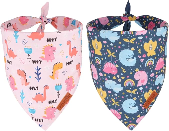 PTDECOR Dinosaurs Dog Bandana, Cute Dinosaurs Design Reversible Pet Scarf Bib, Premium Durable Fabric, Adjustable Pink Blue Bandanas for Medium Large Dogs Pets (Large)