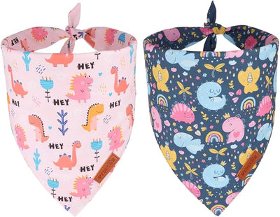 PTDECOR Dinosaurs Dog Bandana, Cute Dinosaurs Design Reversible Pet Scarf Bib, Premium Durable Fabric, Adjustable Pink Blue Bandanas for Medium Large Dogs Pets (Large)