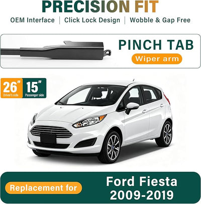 Windshield Wiper Blades Replacement for Ford Fiesta 2009 2010 2011 2012 2013 2014 2015 2016 2017 2018 2019 Original Factory Quality Front Rear Wiper Blade Set - 26" 15" 12" (Set of 3)