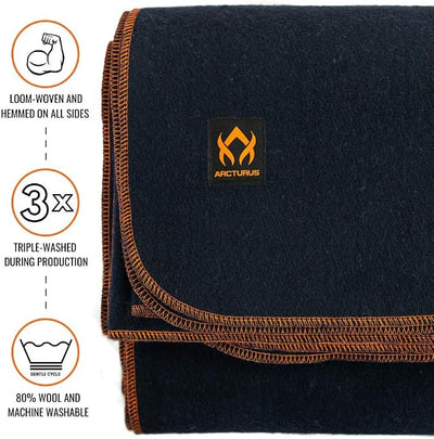 Arcturus Military Wool Blanket - Warm, Thick, Washable - Great for Outdoors, Camping, Stadium Blanket, Picnics, Travel - Car & Bushcraft Survival Kits