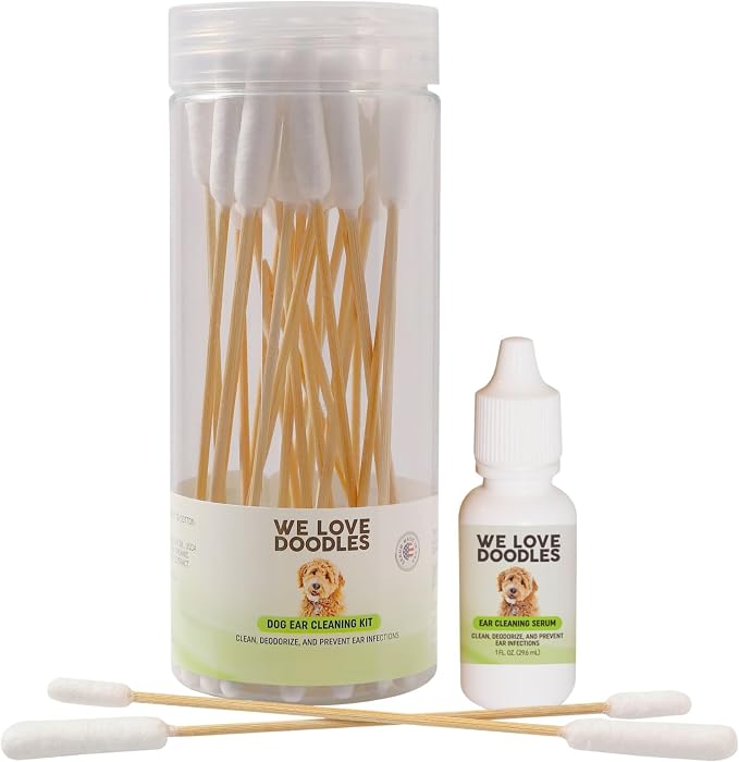 Dog Ear Cleaning Solution Kit | Prevent Infections | Natural | Made in USA | Ear Drops for Dogs | Itching, Deordoring, Yeast & Mites Infection (Serum + 25 Swabs)
