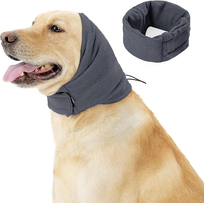 Quiet Ears for Dogs - Adjustable Ear Covers for Noise, No Shake Dog Head Wrap, Dog Calming Hood for Thunder, Lightning, Fireworks, Vet Visits, Polyester and Stretch Cotton Blend, Grey, Medium