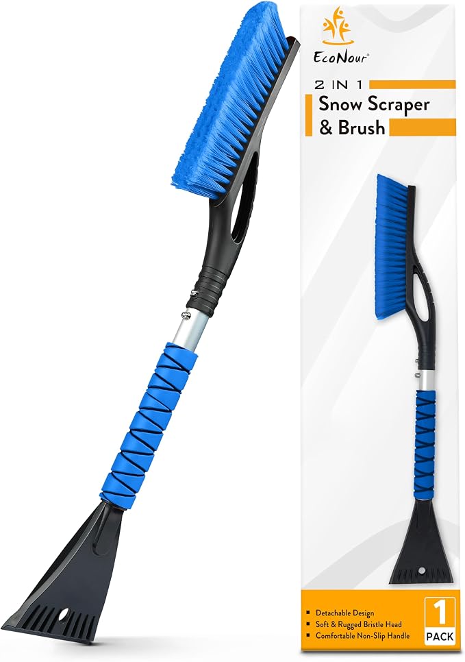 EcoNour 27" Aluminum Car Snow Scraper and Brush | Weaved Bristle Head with Metal Body Ice Scraper for Car Windshield | Tough Show Shovel with Ergonomic Foam Grip Winter Accessory
