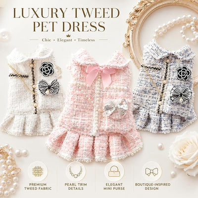 Spring Fall Winter Small Dog Tweed Princess Dress White Pearl Design, Warm Fleece Dog Coat for Girls, Cute Puppy Clothes with Bow Flower, Luxury Chanel Style Pet Outfit for Cats & Dogs(S)