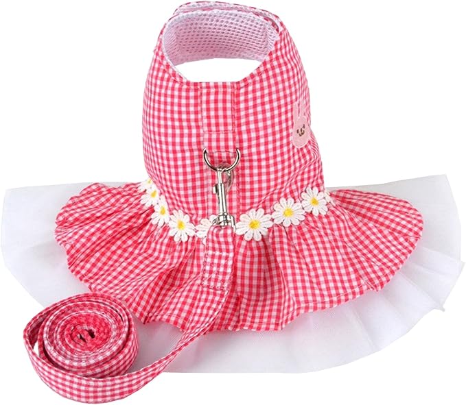 Small Dog Dress with Leash Set Adjustable Dog Harness Dress with D Ring Breathable Walk Doggie Outfits for Puppy Girl and Cat (S,Pink)