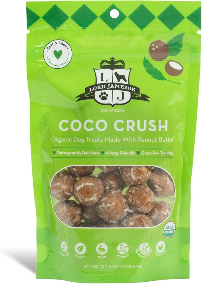 Lord Jameson Coco Crush 6 oz: Organic Soft & Chewy Dog Treats | Natural Puppy & Senior Treats | Easy Chew Hypoallergenic Dog Snacks | Gourmet Healthy Training Treats for Small & Large Dogs