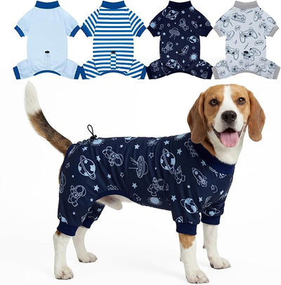 XPUDAC 4 Pack Dog Pajamas, Soft Puppy Clothes with Drawstring Adjustable Stretchy Dogs Onesie for Small Medium Doggie Shed Defender Dog Suit Pet Outfit Boy, XL
