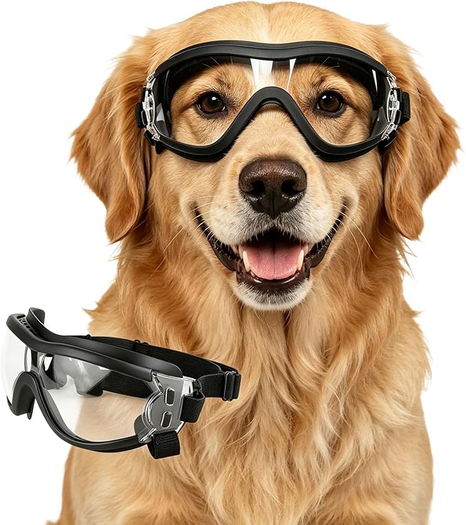 Clear Dog Goggles Medium to Large Breed, Dog Sunglasses UV Protection, Large Dogs Driving Eye Protection, Outdoor Windproof Dustproof Anti-Fog, Breathable, Adjustable Straps, Transparent