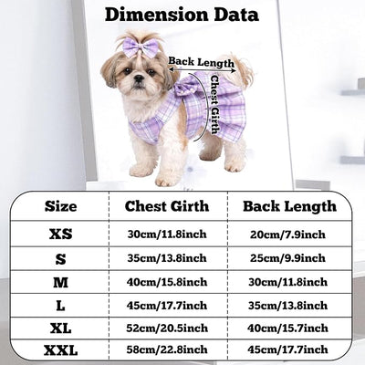Dog Plaid Dress Harness and Leash Set with Pearls Bow Adjustable Puppy Dress Mesh Vest Bow Knot Pet Clothes for Cute Small Girl Dog Cat (Purple&White, Medium)