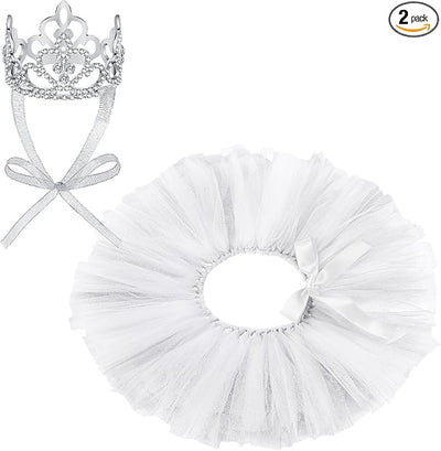 2 Pcs Dog Crown Headband Dog Tutu Dress Set Crystal Rhinestone Tiara Crown Tutu Skirt Pet Dress Costume for Puppy Birthday Party Wedding Photo Prop Costume(Medium,White)