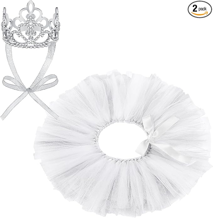 2 Pcs Dog Crown Headband Dog Tutu Dress Set Crystal Rhinestone Tiara Crown Tutu Skirt Pet Dress Costume for Puppy Birthday Party Wedding Photo Prop Costume(Medium,White)