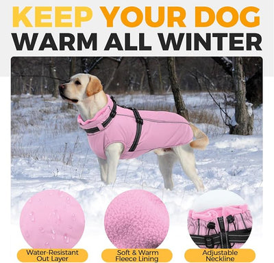 Lelepet Warm Dog Winter Coat Waterproof Dog Jacket with Harness Built in, Reflective Windproof Fleece Jacket, Dogs Coats for Medium Dogs, Thermal Turtleneck Pet Snowsuit for Outdoor, Schnauzer, Pink M