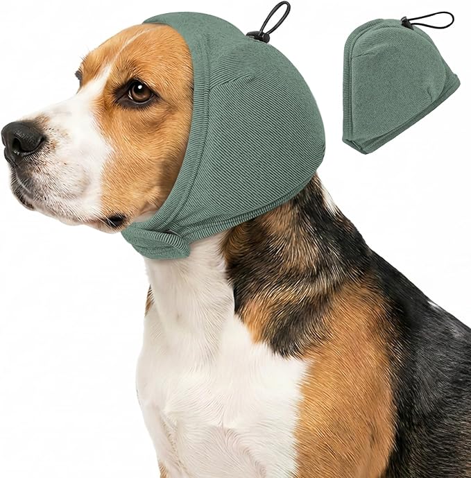 Dog Ear Muffs - No Shake Ear Wrap & Quiet Calming Hoodie, Adjustable Head Snood Cover for Dogs, Noise & Anxiety Relief, Hematoma Protection for Grooming, Bath, Drying, Fireworks (Green, M)