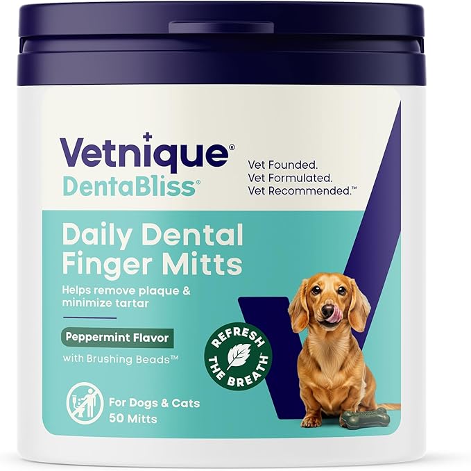 Vetnique Dentabliss Cat & Dog Teeth Cleaning Dental Wipes, Dog Toothbrush Alternative Finger Mitt Pet Wipes, Tartar & Breath Freshener, Vet Formulated Pet Dental Care, 50ct (Peppermint Flavored)